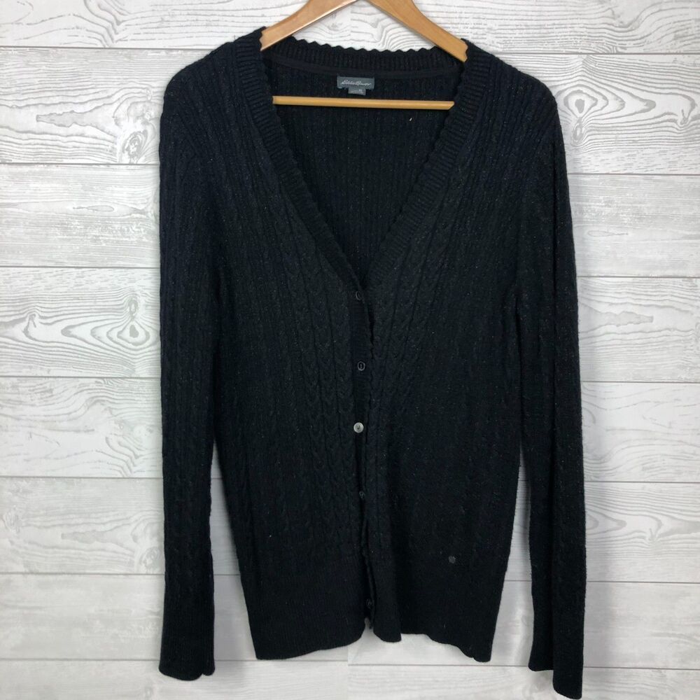 Eddie Bauer Women's XL Metallic Weave Button Front Cardigan Sweater Black